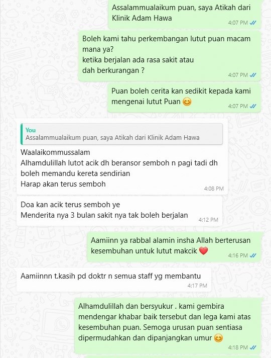 Testimoni pesakit Klinik Adam Hawa - lutut beransur sembuh, boleh memandu semula