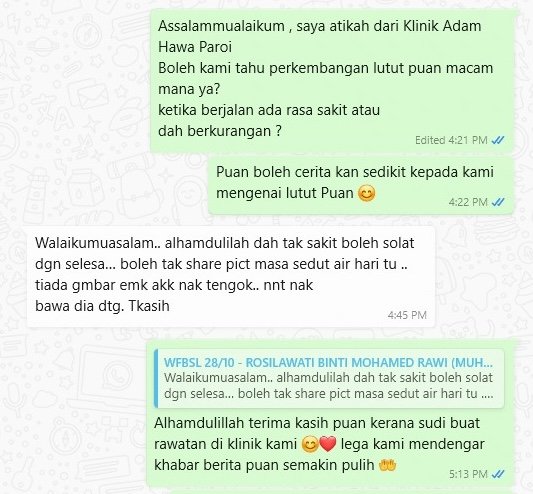 Testimoni pesakit Klinik Adam Hawa Paroi - boleh solat dengan selesa