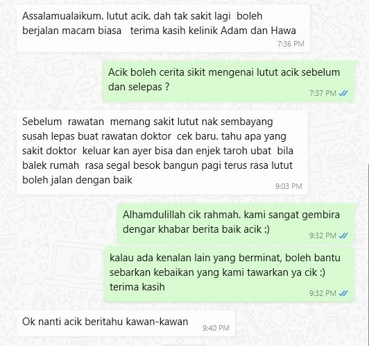 Testimoni pesakit Klinik Adam Hawa - lutut tidak sakit lagi, boleh berjalan biasa